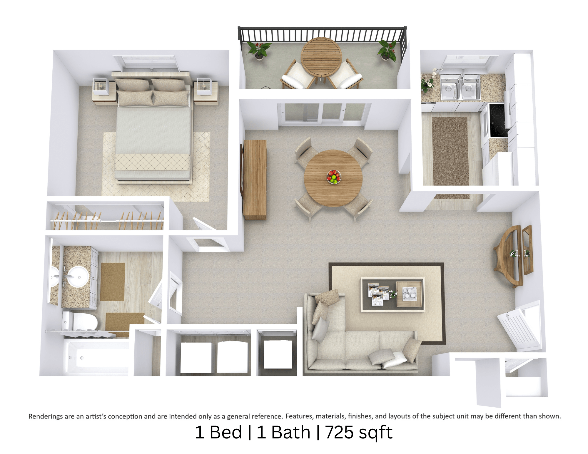 Floor plan for 1 bed, 1 bath, 725 sqft
